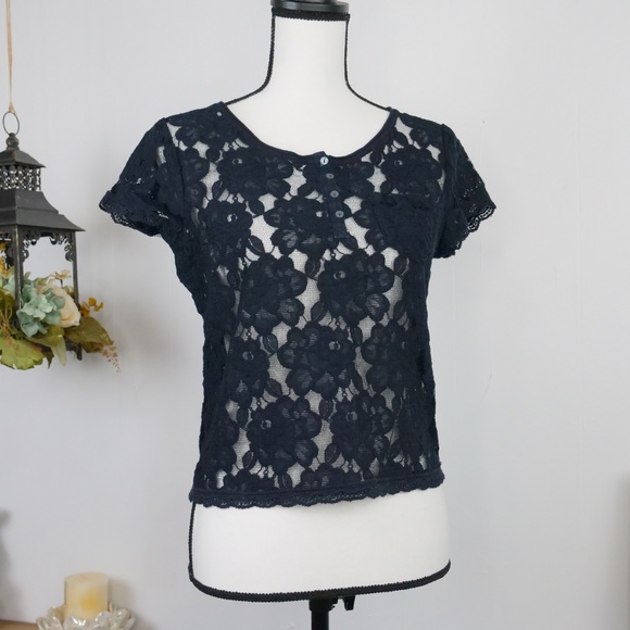 Abercrombie & Fitch Tops - A&F Navy Lace Top Short Sleeved Blouse Boxy Fit